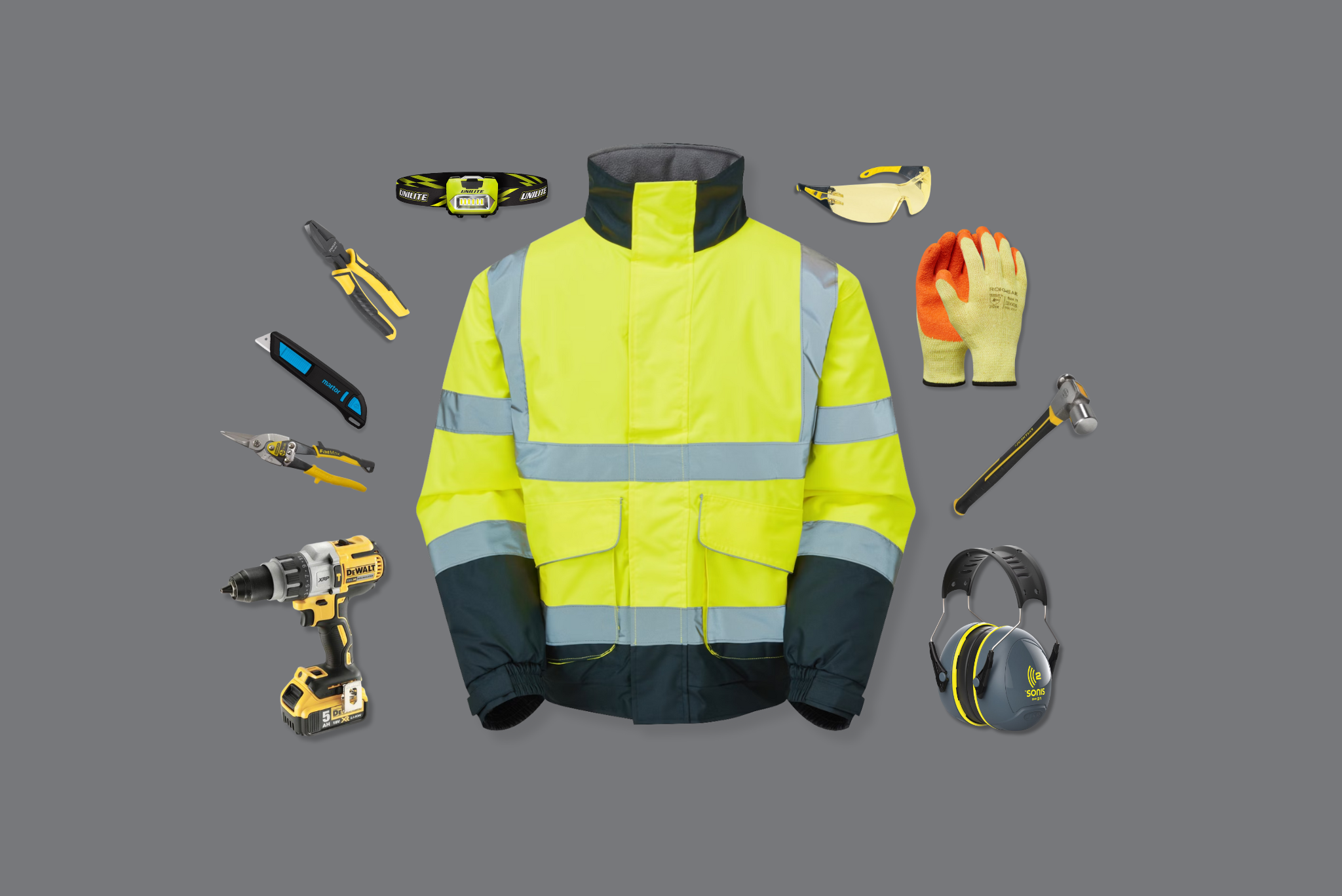 Hi-vis workwear and tools
